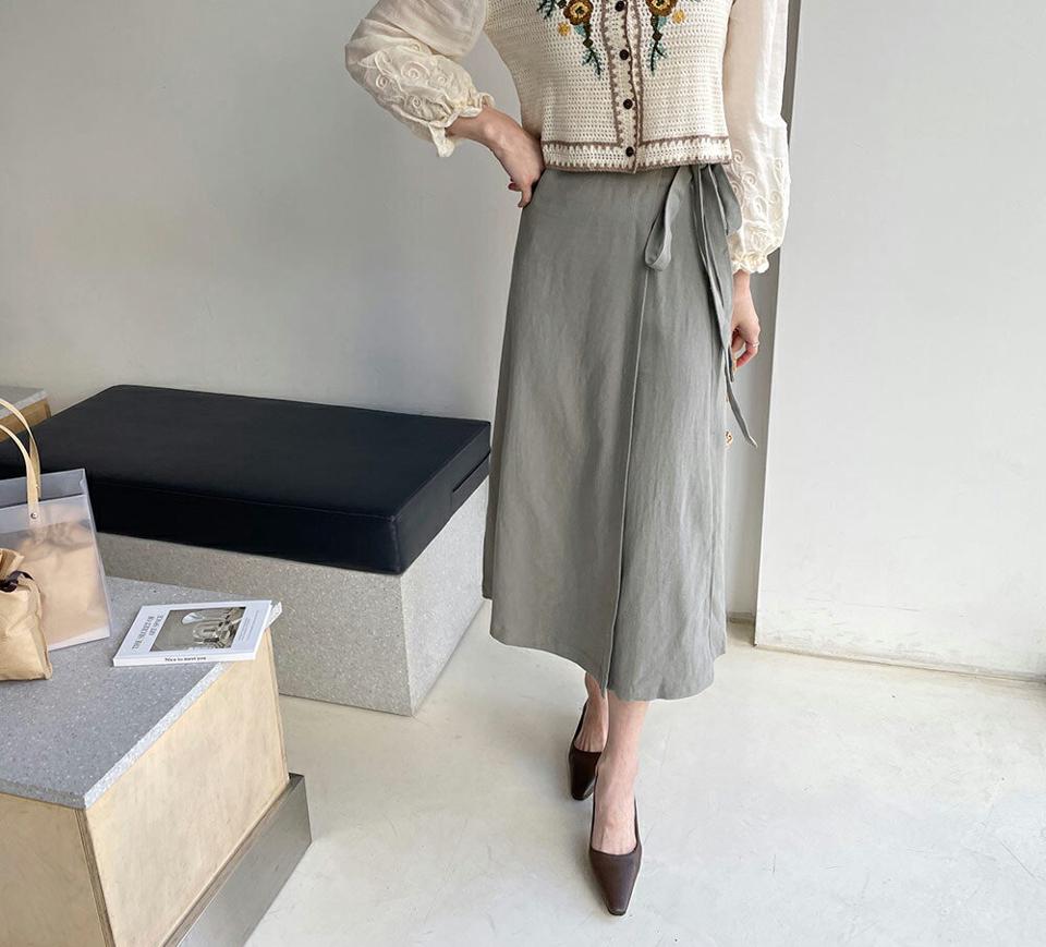 リネン混リボンラップスカート・全4色・t63219 レディース 【sk】 韓国 ファッション ボトムス スカート ロング ロングスカート ラップスカート リネン バックゴム リボン 体型カバー カジュアル デイリー 上品 春 夏