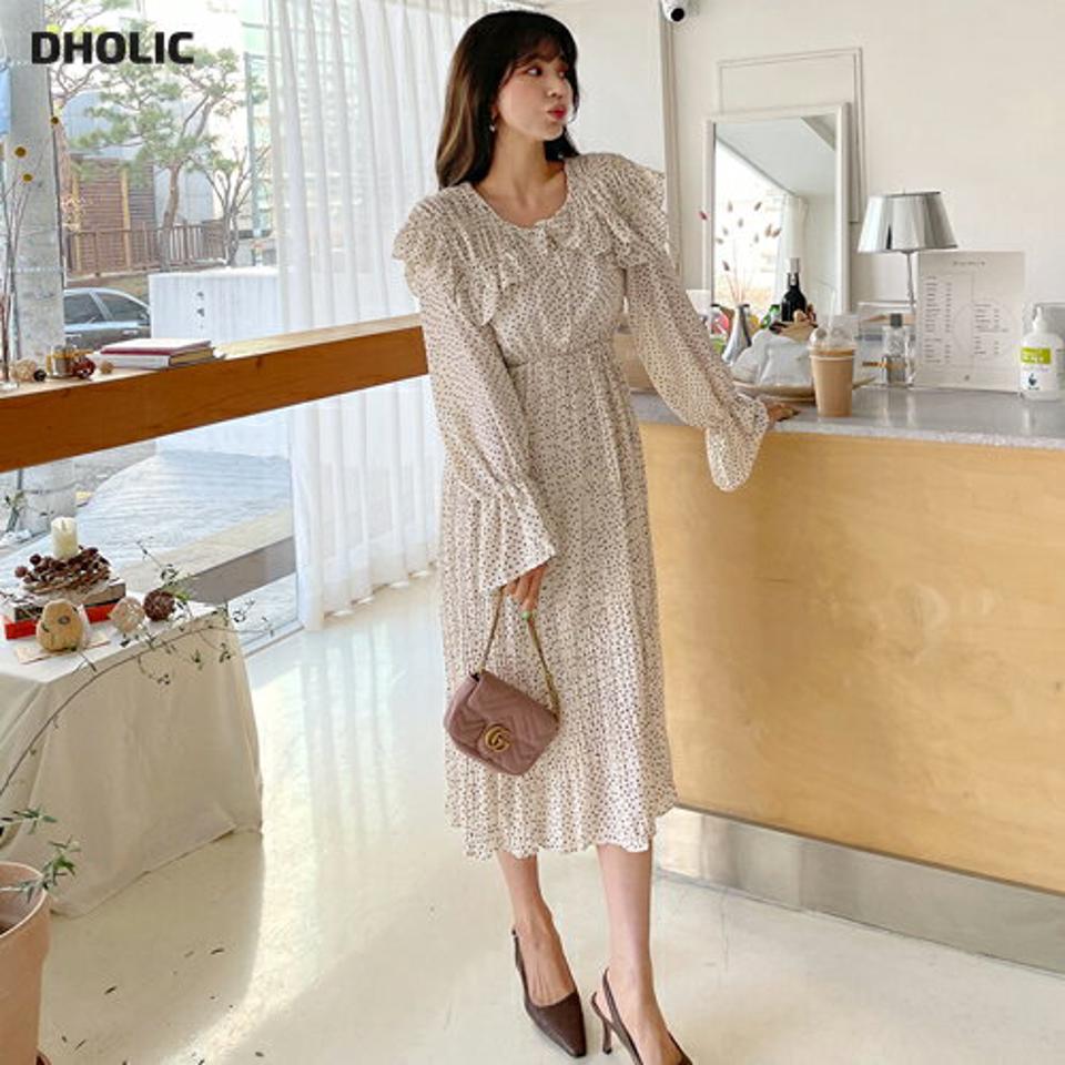 フリルビッグカラープリーツワンピース・全3色・b63206 レディース 【ops】【韓国 ファッション ワンピース ロング ロングワンピース 長袖 ラウンドネック ビッグカラー 小顔 フリル ボリューム シフォン ドット柄 シャーリング 体型カバー 春 夏】