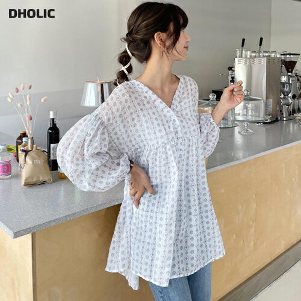 エスニックVネックブラウス・全2色・b63203 レディース 【bl】 韓国ファッション トップス ブラウス 長袖 上品 エスニック パターン Vネック デコルテ ロングブラウス ルーズ ゆったり 体型カバー フェミニン カジュアル 春 夏