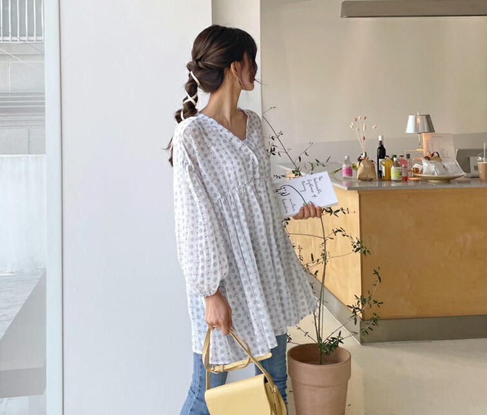 エスニックVネックブラウス・全2色・b63203 レディース 【bl】 韓国ファッション トップス ブラウス 長袖 上品 エスニック パターン Vネック デコルテ ロングブラウス ルーズ ゆったり 体型カバー フェミニン カジュアル 春 夏