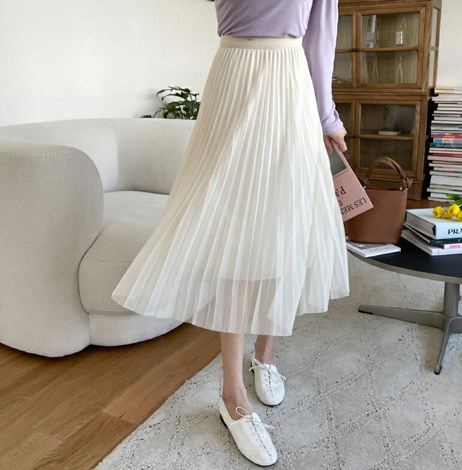 プリーツチュールスカート・全5色・b63216 レディース 【sk】【韓国 ファッション ボトムス スカート ロング ロングスカート チュール 揺れ感 ボリューム ウエストゴム プリーツ Aライン フレア オールシーズン 体型カバー カジュアル 上品 春 夏】