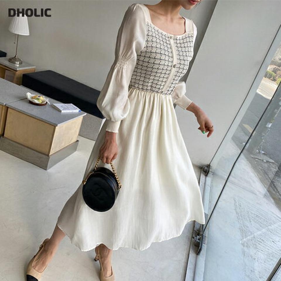 ツイードスクエアネックワンピース・全2色・e63215 レディース 【ops】 韓国 ファッション ワンピース ロング ロングワンピース 長袖 スクエアネック ツイード調 ニットワンピース シフォン メリハリ 配色 シャーリング 体型カバー 春 夏