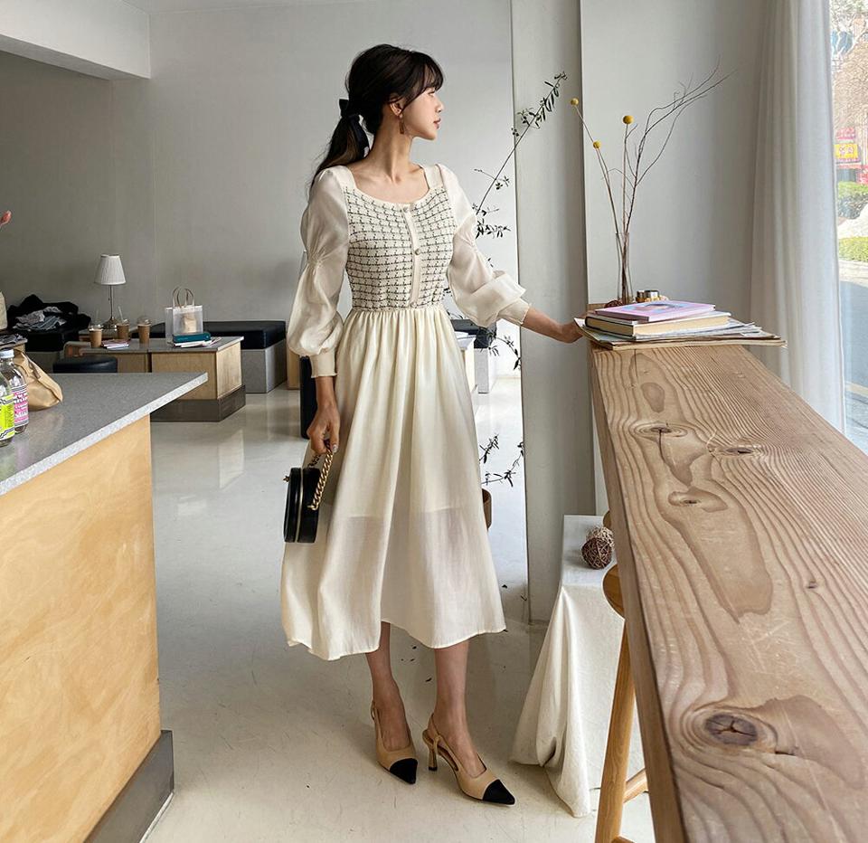 ツイードスクエアネックワンピース・全2色・e63215 レディース 【ops】 韓国 ファッション ワンピース ロング ロングワンピース 長袖 スクエアネック ツイード調 ニットワンピース シフォン メリハリ 配色 シャーリング 体型カバー 春 夏