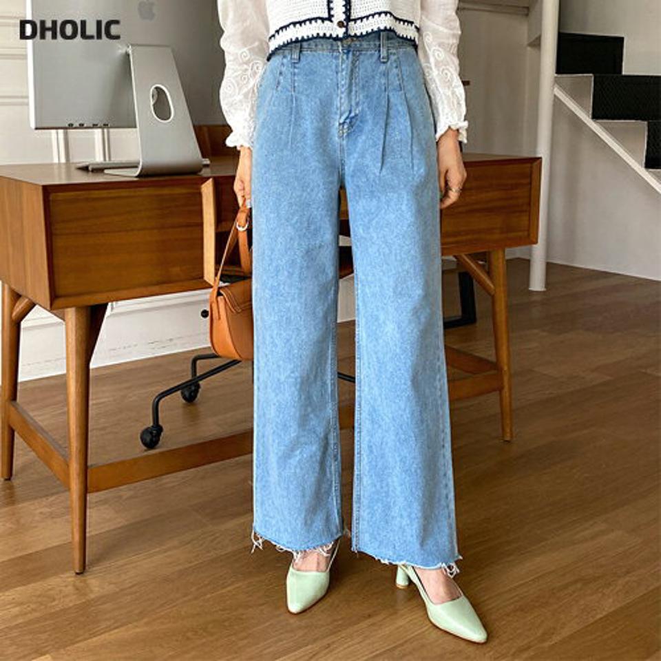 タックワイドデニムパンツ・全1色・t63238 レディース 【pt】【韓国 ファッション ボトムス ロング ロングパンツ カジュアル デニム デニムパンツ ストレート スリム ワイド 美脚 体型カーバー 10分丈 十分丈 デイリー 春 夏】