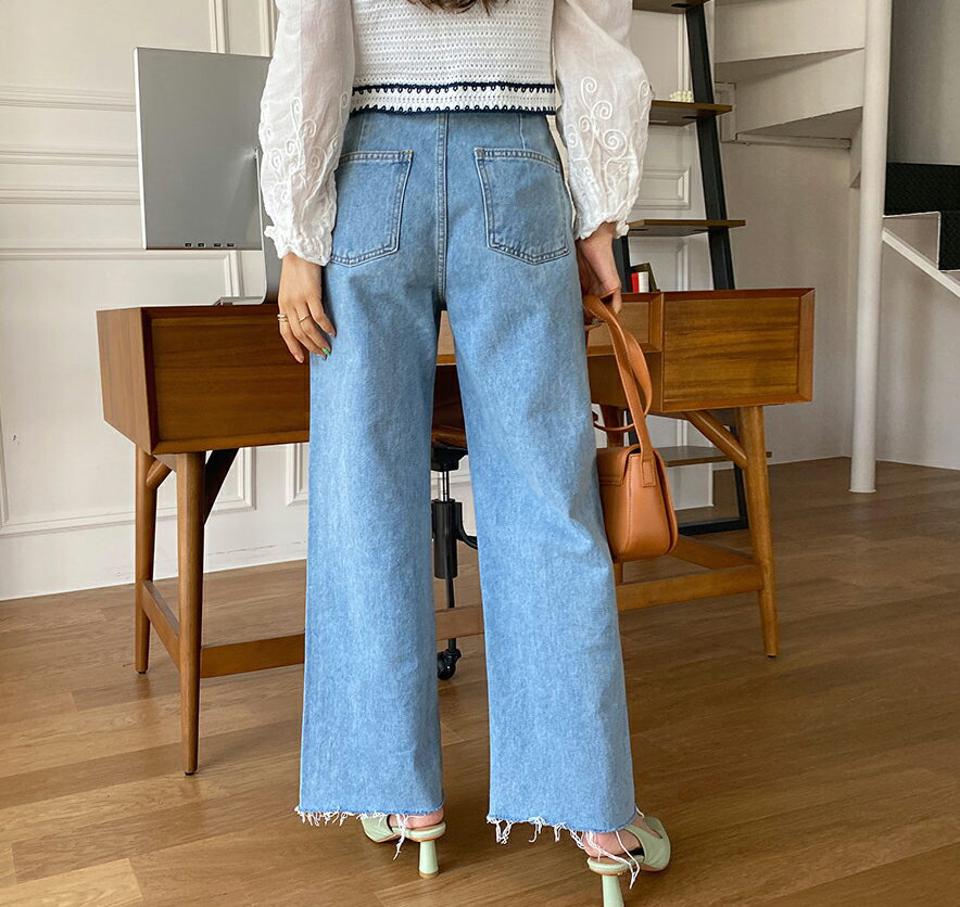 タックワイドデニムパンツ・全1色・t63238 レディース 【pt】【韓国 ファッション ボトムス ロング ロングパンツ カジュアル デニム デニムパンツ ストレート スリム ワイド 美脚 体型カーバー 10分丈 十分丈 デイリー 春 夏】