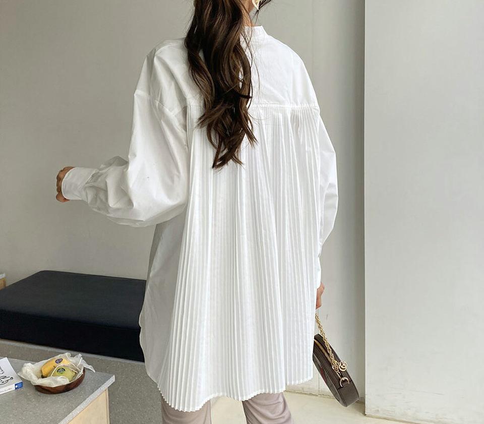 バックプリーツブラウス・全2色・b63239 レディース 【bl】【韓国 ファッション トップス ブラウス 長袖 上品 プリーツブラウス プリーツ ロングブラウス ルーズ ゆったり 体型カバー フェミニン カジュアル 春 夏】