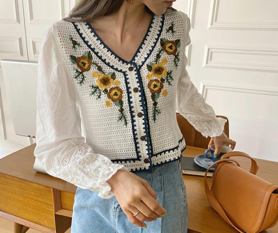 【タイム特価】≪人気商品再入荷≫Vネック花柄刺繍ニット・全2色・t63202 レディース 【tops】 韓国ファッション トップス ニット 長袖 スリム カジュアル 花柄 フラワー Vネック デコルテ 異素材 細身 フェミニン ベーシック 春 夏 fw【TS】セール