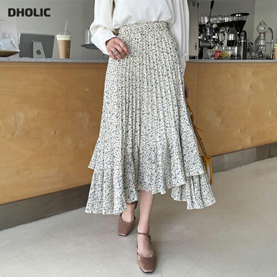 アンバランスプリーツ小花柄スカート・全2色・b63236 レディース 【sk】【韓国 ファッション ボトムス スカート ロング ロングスカート 花柄 フラワー 小花柄 アンバランス プリーツ Aライン フレア 体型カバー カジュアル デイリー 上品 春 夏】