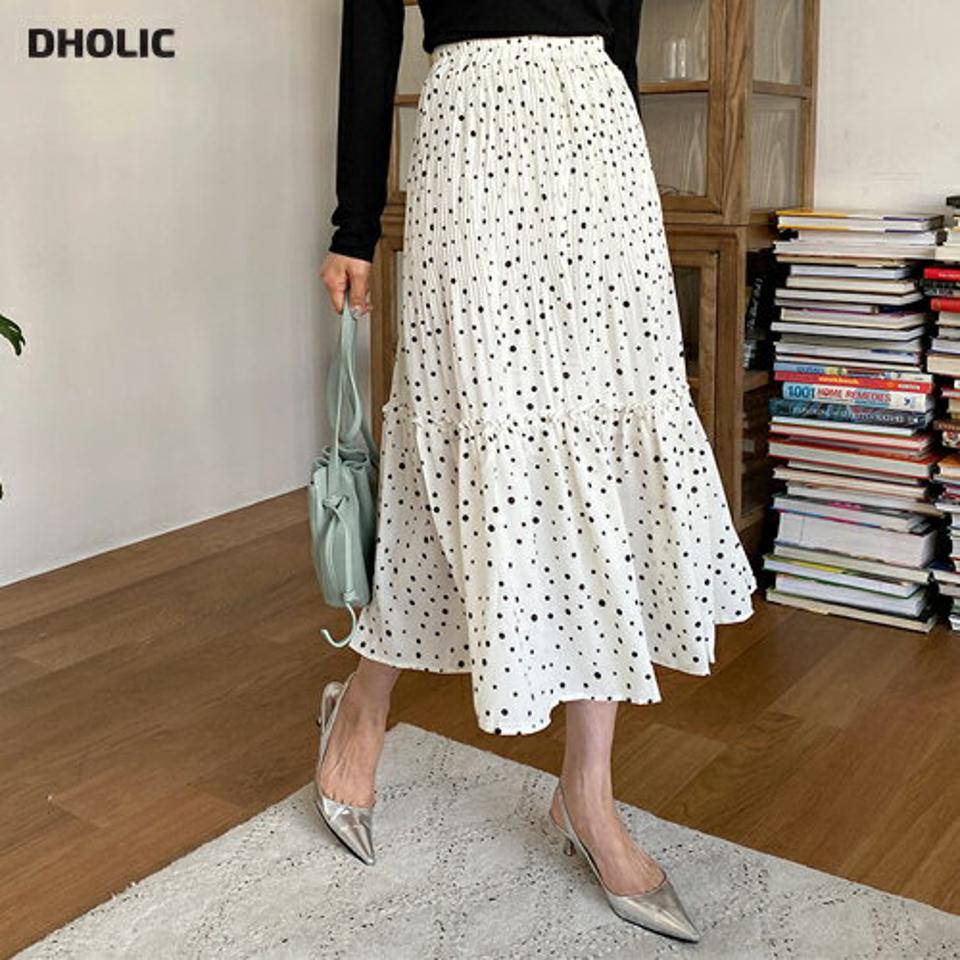 ドットフリルプリーツスカート・全2色・b63218 レディース 【sk】【韓国 ファッション ボトムス スカート ロング ロングスカート ドット パターン フレア フリル プリーツ オールシーズン 体型カバー カジュアル デイリー 上品 春 夏】