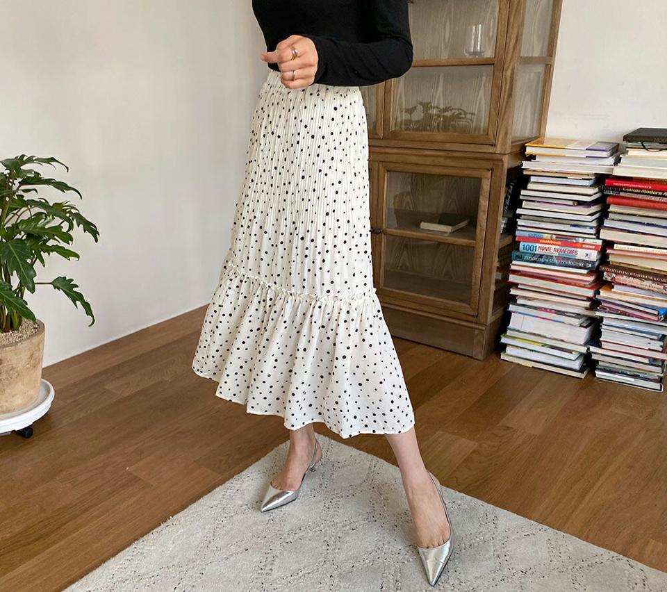 ドットフリルプリーツスカート・全2色・b63218 レディース 【sk】【韓国 ファッション ボトムス スカート ロング ロングスカート ドット パターン フレア フリル プリーツ オールシーズン 体型カバー カジュアル デイリー 上品 春 夏】