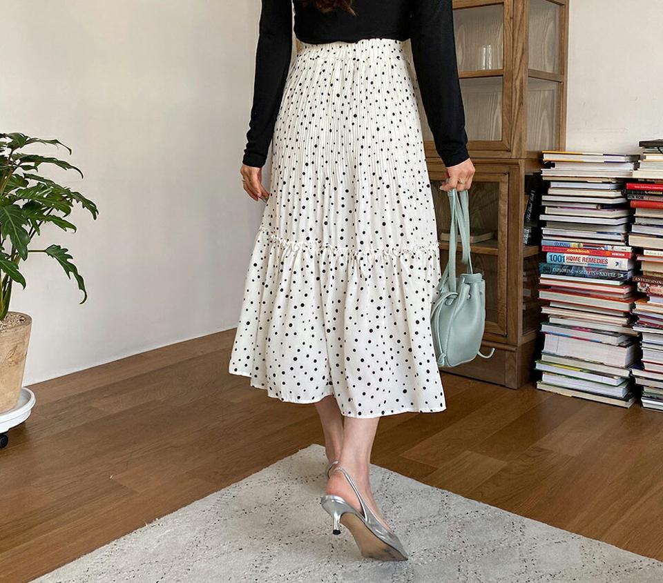 ドットフリルプリーツスカート・全2色・b63218 レディース 【sk】【韓国 ファッション ボトムス スカート ロング ロングスカート ドット パターン フレア フリル プリーツ オールシーズン 体型カバー カジュアル デイリー 上品 春 夏】