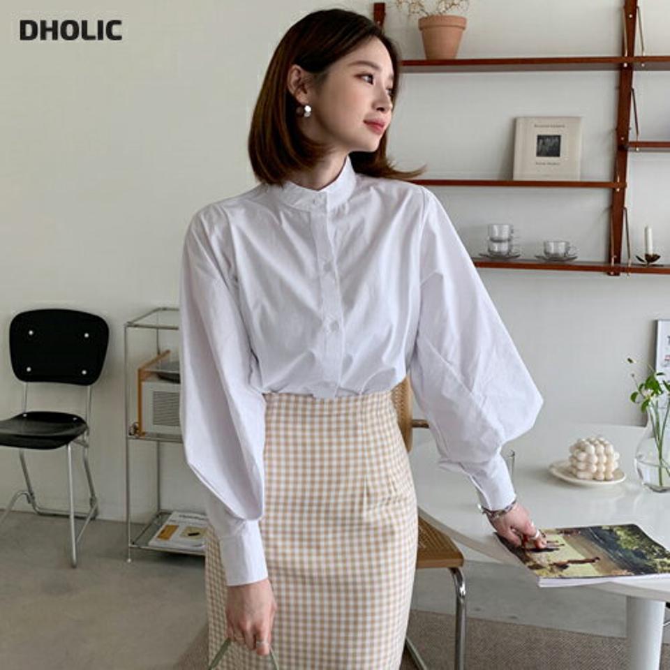 パフバンドカラーシャツ・全2色・b65094 レディース 【bl】【韓国 ファッション トップス シャツ 長袖 上品 バンドカラー パフスリーブ オフィスカジュアル フェミニン カジュアル デイリー 秋 春】