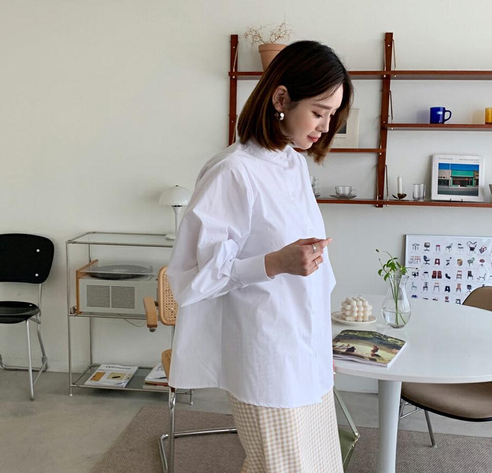 パフバンドカラーシャツ・全2色・b65094 レディース 【bl】【韓国 ファッション トップス シャツ 長袖 上品 バンドカラー パフスリーブ オフィスカジュアル フェミニン カジュアル デイリー 秋 春】