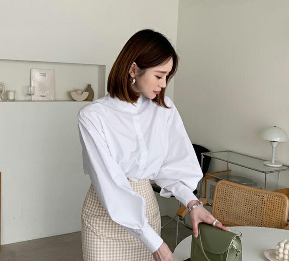 パフバンドカラーシャツ・全2色・b65094 レディース 【bl】【韓国 ファッション トップス シャツ 長袖 上品 バンドカラー パフスリーブ オフィスカジュアル フェミニン カジュアル デイリー 秋 春】