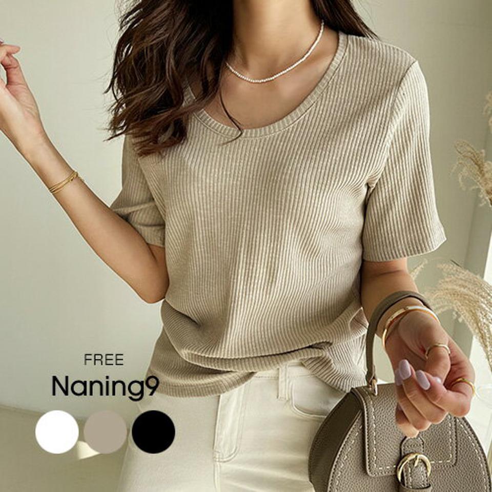 ≪新作早割15%OFF≫NANING9(ナンニング)ラウンドネックリブ半袖Tシャツ【3/30up_go】韓国 韓国ファッション レディース 春 春服 人気 トップス 無地 シンプル リブ 【5】