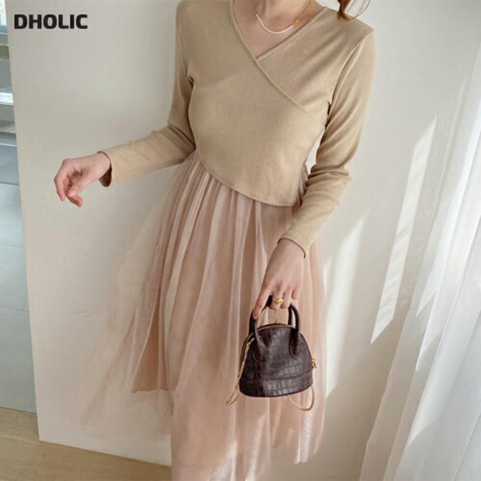 【新作10%OFF】クロスチュールワンピース・全2色・t57154 レディース 【ops】【韓国 ファッション ワンピース ロング ロングワンピース 長袖 異素材 ラップ調 フェミニン コンビ チュール素材 フレア フィット メリハリ Aライン カジュアル 体型カバー 春 夏】