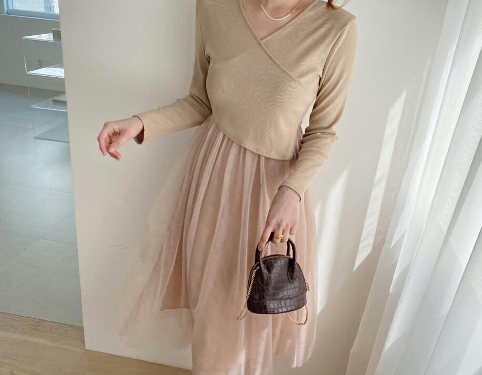 【新作10%OFF】クロスチュールワンピース・全2色・t57154 レディース 【ops】【韓国 ファッション ワンピース ロング ロングワンピース 長袖 異素材 ラップ調 フェミニン コンビ チュール素材 フレア フィット メリハリ Aライン カジュアル 体型カバー 春 夏】