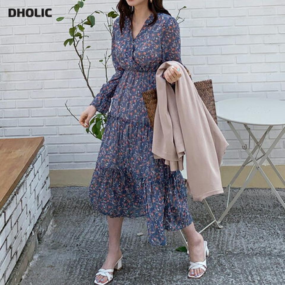 Vネック花柄プリーツワンピース・全3色・b67659 レディース 【ops】 ワンピース ロング ロングワンピース 長袖 プリーツ プリーツワンピース 花柄 小花柄 フラワー 可愛い かわいい Vネック 春 秋 韓国 ファッション ハイホリHIHOLLIfw