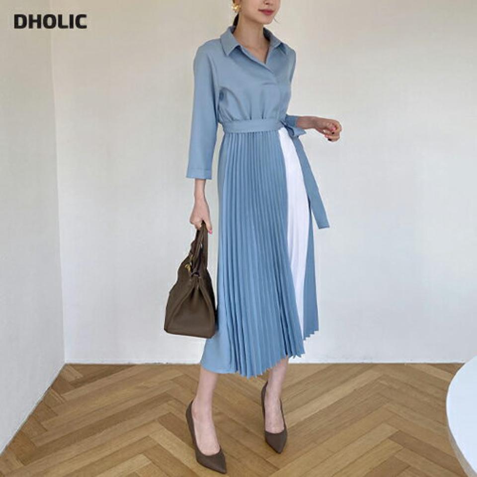 ストラップ付配色プリーツカラーワンピース・全2色・t67654 レディース 【ops】【ワンピース ロング ロングワンピース プリーツ プリーツワンピース 長袖 ストラップ 大人 揺れ感 かわいい 春 秋 韓国 ファッション】【ハイホリHIHOLLI】