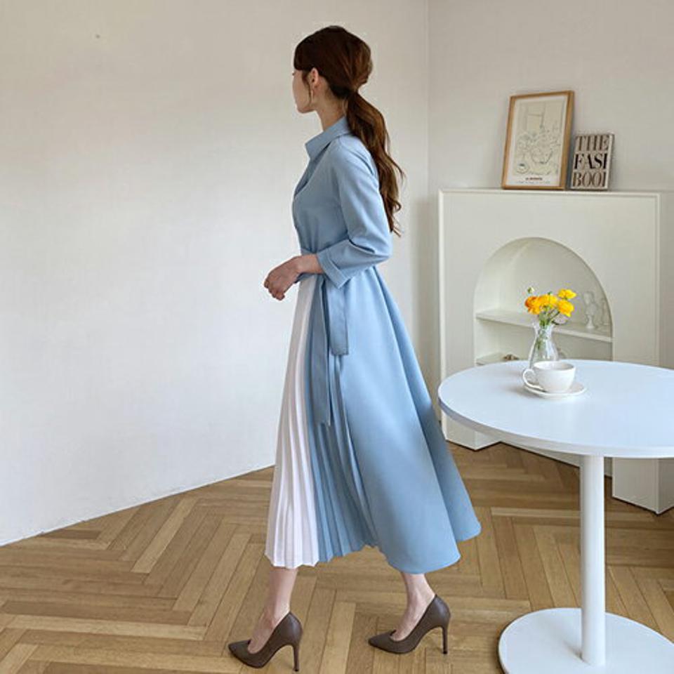 ストラップ付配色プリーツカラーワンピース・全2色・t67654 レディース 【ops】【ワンピース ロング ロングワンピース プリーツ プリーツワンピース 長袖 ストラップ 大人 揺れ感 かわいい 春 秋 韓国 ファッション】【ハイホリHIHOLLI】