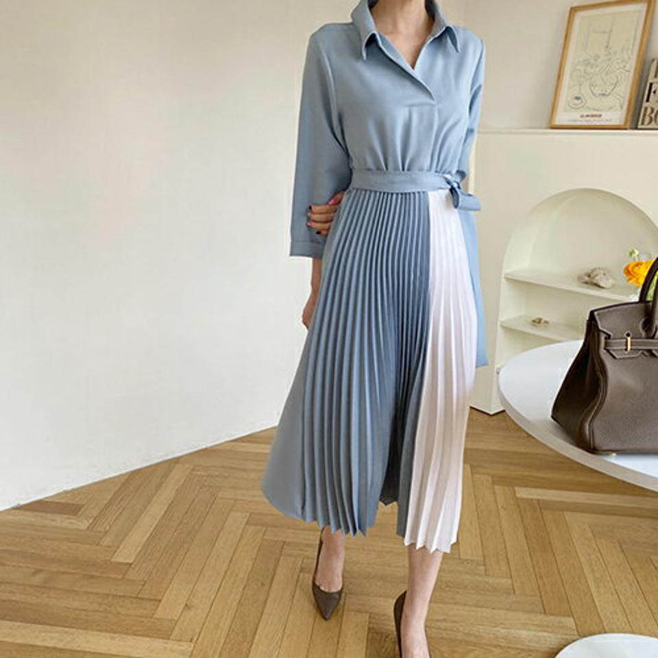 ストラップ付配色プリーツカラーワンピース・全2色・t67654 レディース 【ops】【ワンピース ロング ロングワンピース プリーツ プリーツワンピース 長袖 ストラップ 大人 揺れ感 かわいい 春 秋 韓国 ファッション】【ハイホリHIHOLLI】