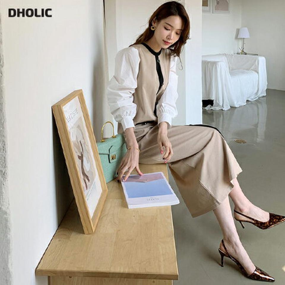 配色パフボタンワンピース・全2色・t67653 レディース 【ops】【ワンピース ロング ロングワンピース 長袖 パフ袖 パフスリーブ 配色 コントラスト モダン 大人 Hライン 春 秋 韓国 ファッション】【ハイホリHIHOLLI】