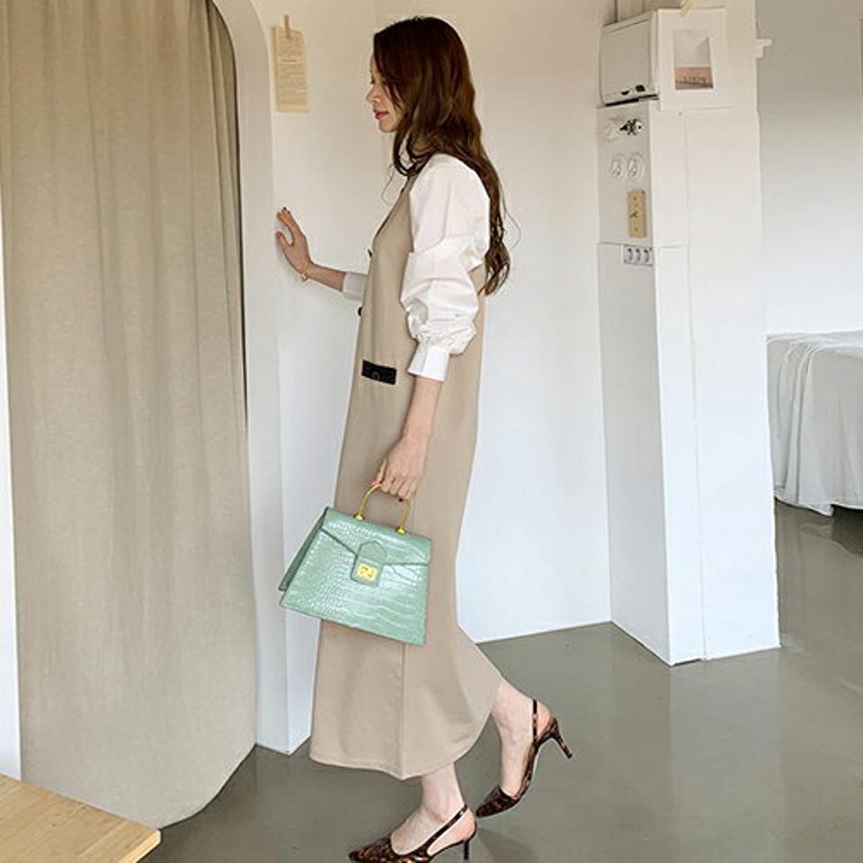 配色パフボタンワンピース・全2色・t67653 レディース 【ops】【ワンピース ロング ロングワンピース 長袖 パフ袖 パフスリーブ 配色 コントラスト モダン 大人 Hライン 春 秋 韓国 ファッション】【ハイホリHIHOLLI】