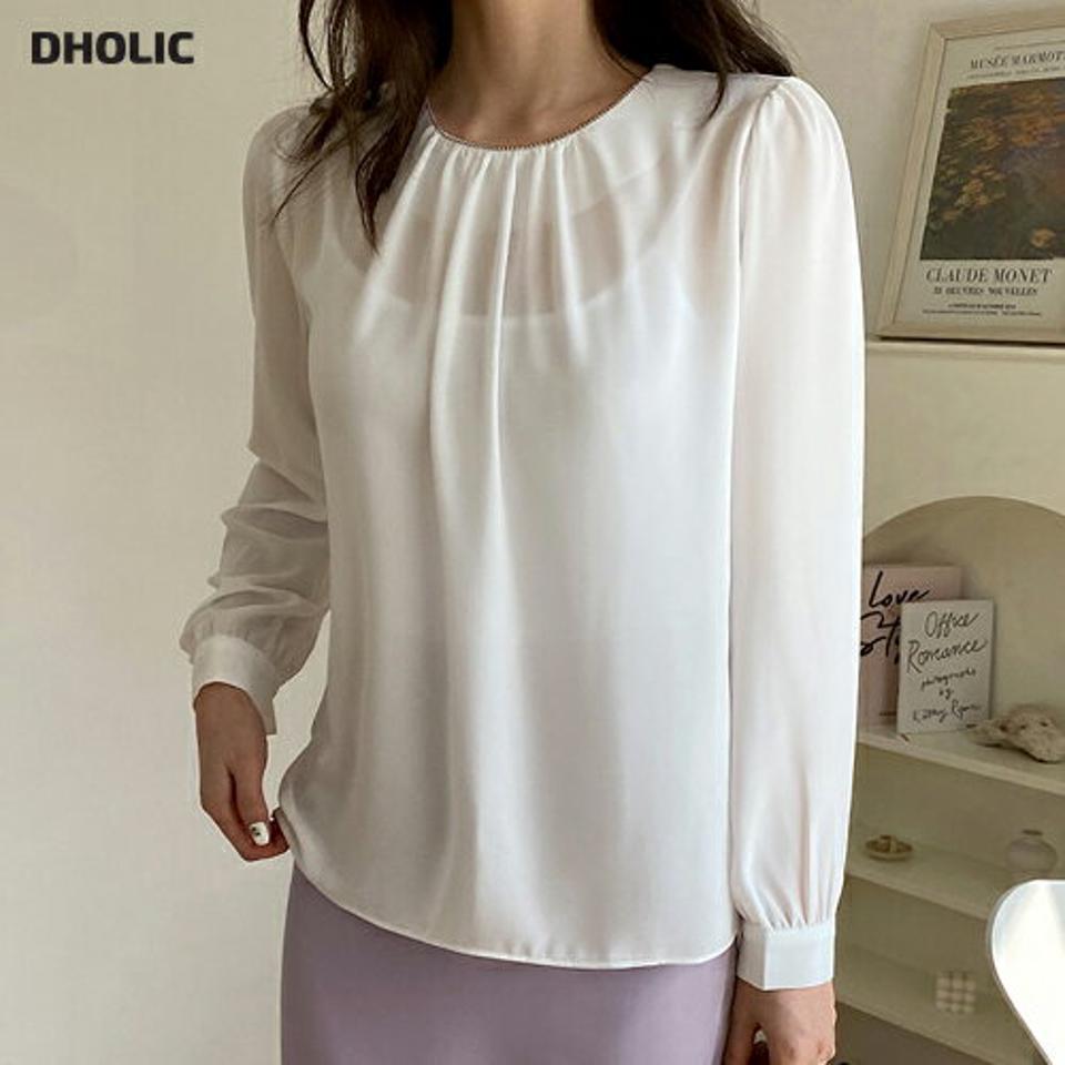 ネックボールチェーンブラウス・全2色・t67649 レディース 【bl】【トップス ブラウス 長袖 ボールチェーン 襟コンシャス シンプル 単色 無地 ユニーク 大人 春 秋 韓国 ファッション】【ハイホリHIHOLLI】