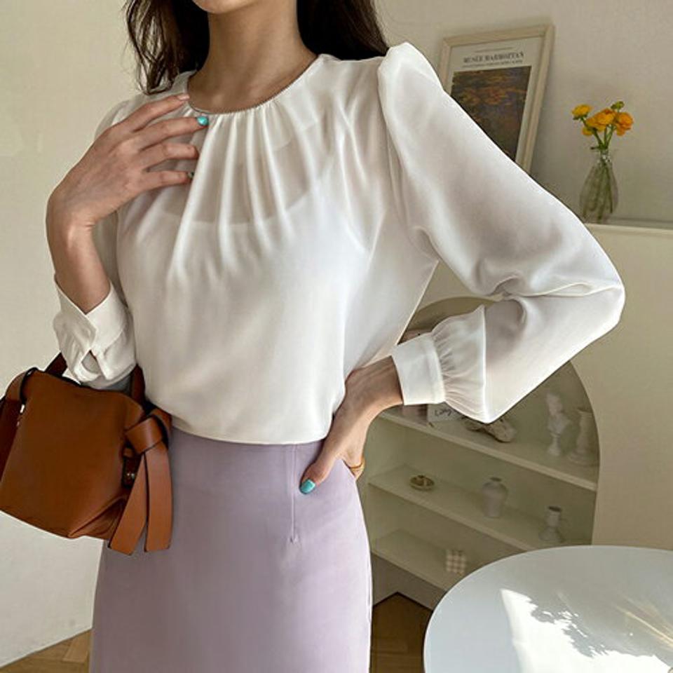 ネックボールチェーンブラウス・全2色・t67649 レディース 【bl】【トップス ブラウス 長袖 ボールチェーン 襟コンシャス シンプル 単色 無地 ユニーク 大人 春 秋 韓国 ファッション】【ハイホリHIHOLLI】