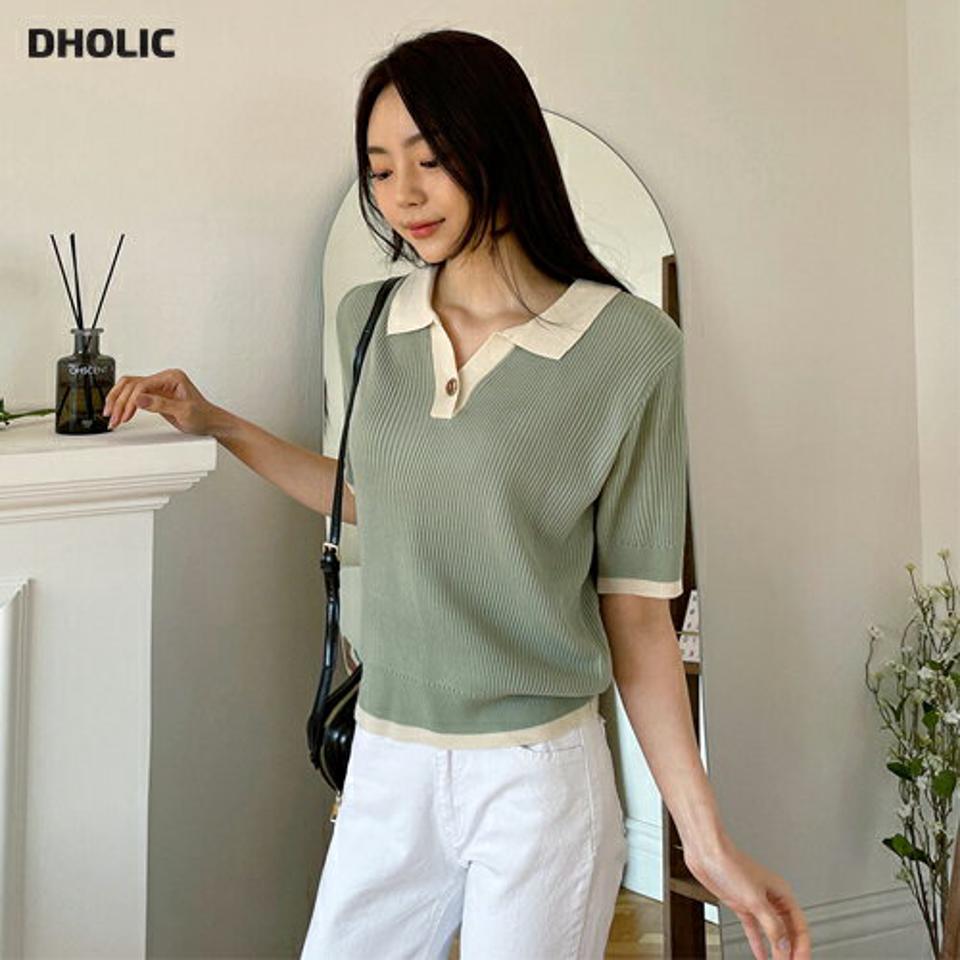 ≪人気商品再入荷≫ボタンカラー配色ニット・全3色・t64991 レディース 【tops】 韓国ファッション トップス ニット 半袖 スリム フィット メリハリ 配色 オープンカラー 襟 ポロ襟 ハーフスリーブ Vネック 細身 緑 カジュアル ベーシック 春 夏