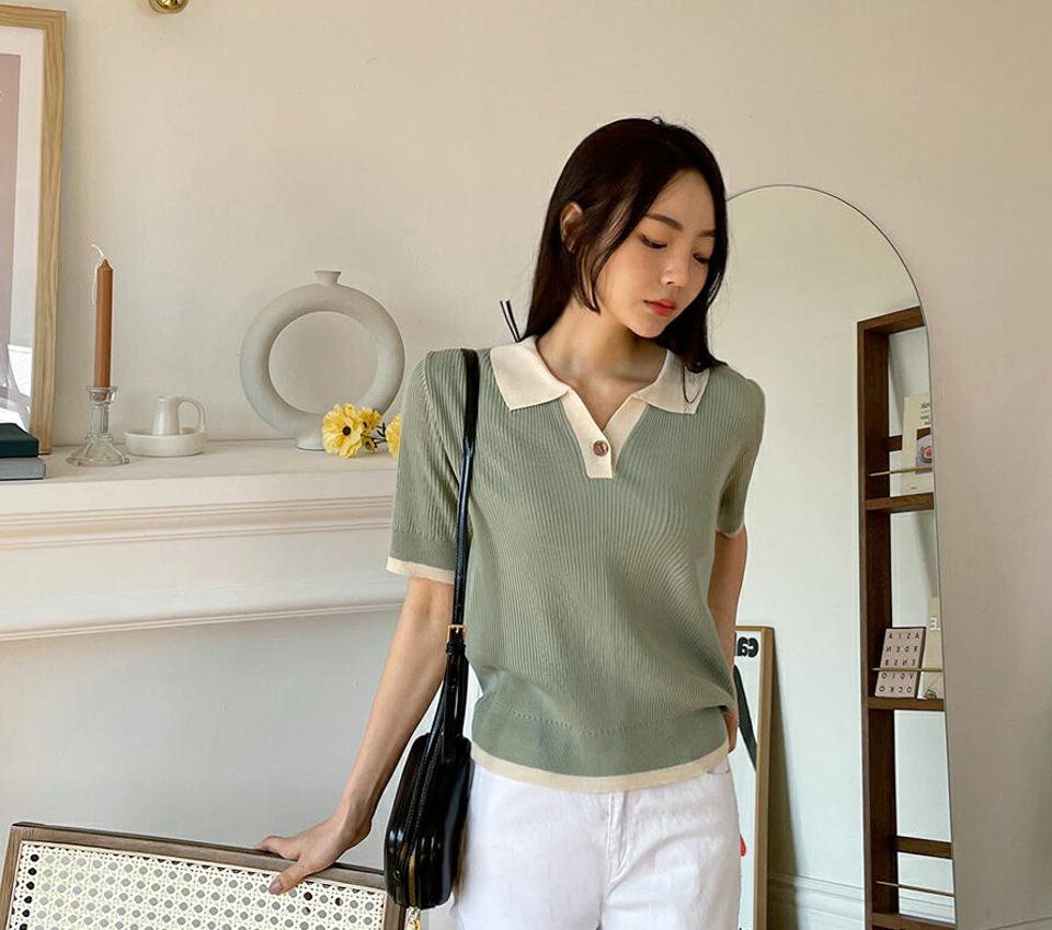 ≪人気商品再入荷≫ボタンカラー配色ニット・全3色・t64991 レディース 【tops】 韓国ファッション トップス ニット 半袖 スリム フィット メリハリ 配色 オープンカラー 襟 ポロ襟 ハーフスリーブ Vネック 細身 緑 カジュアル ベーシック 春 夏
