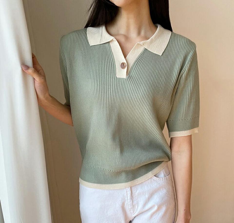 ≪人気商品再入荷≫ボタンカラー配色ニット・全3色・t64991 レディース 【tops】 韓国ファッション トップス ニット 半袖 スリム フィット メリハリ 配色 オープンカラー 襟 ポロ襟 ハーフスリーブ Vネック 細身 緑 カジュアル ベーシック 春 夏
