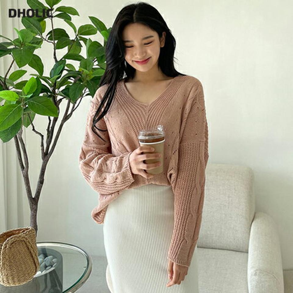 パンチングVネックルーズニット・全4色・t63726 レディース 【tops】【韓国 ファッション トップス ニット 長袖 スリム Vネック デコルテ ルーズ ゆったり ツイスト編み パンチング 細身 体型カーバー ガーリー デイリー 春 夏】【NIJU】