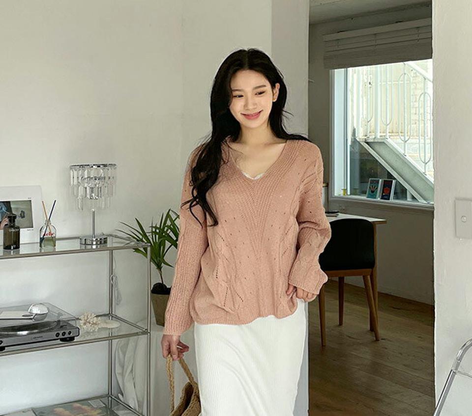 パンチングVネックルーズニット・全4色・t63726 レディース 【tops】【韓国 ファッション トップス ニット 長袖 スリム Vネック デコルテ ルーズ ゆったり ツイスト編み パンチング 細身 体型カーバー ガーリー デイリー 春 夏】【NIJU】
