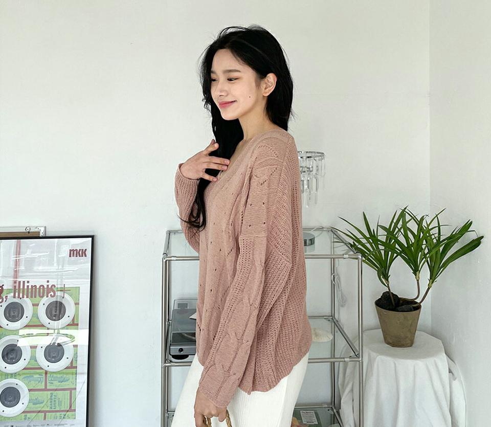 パンチングVネックルーズニット・全4色・t63726 レディース 【tops】【韓国 ファッション トップス ニット 長袖 スリム Vネック デコルテ ルーズ ゆったり ツイスト編み パンチング 細身 体型カーバー ガーリー デイリー 春 夏】【NIJU】