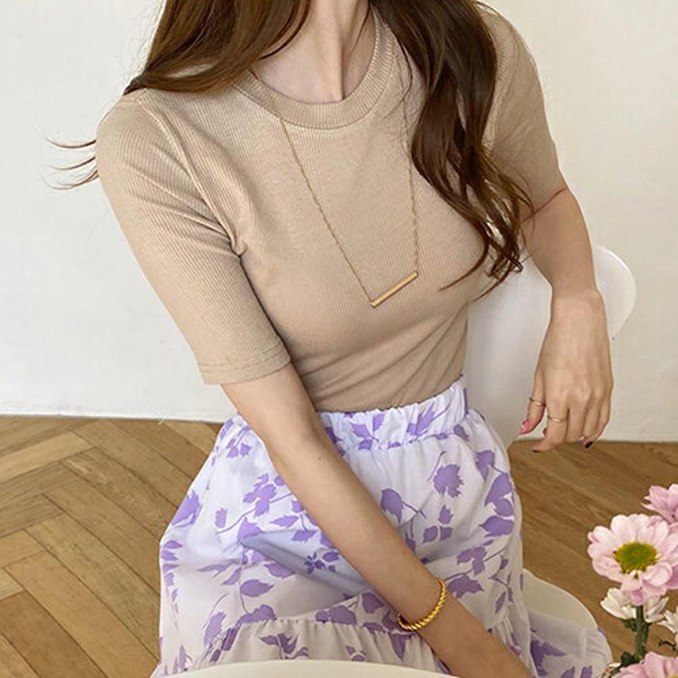 ラウンドリブ半袖Tシャツ・全4色・t67665 レディース 【tops】【トップス Tシャツ 半袖 ハーフスリーブ リブ リブトップス 単色 シンプル ベーシック カジュアル 春 夏 秋 韓国 ファッション】【ハイホリHIHOLLI】