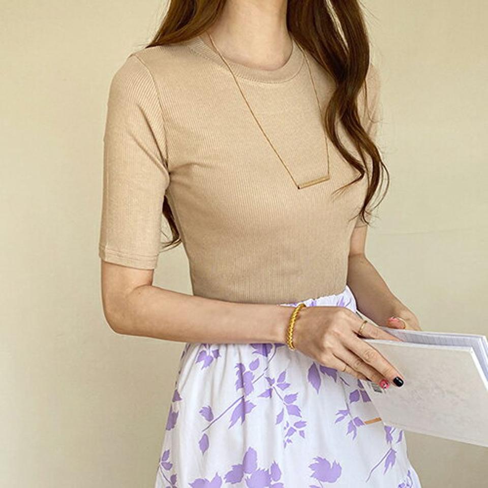 ラウンドリブ半袖Tシャツ・全4色・t67665 レディース 【tops】【トップス Tシャツ 半袖 ハーフスリーブ リブ リブトップス 単色 シンプル ベーシック カジュアル 春 夏 秋 韓国 ファッション】【ハイホリHIHOLLI】