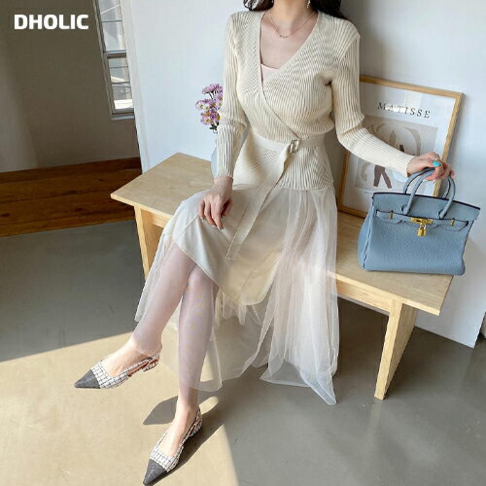 ベルトリブニット&チュールワンピースSET・全2色・t67655 レディース 【ops】【ワンピース ロング ロングワンピース チュール リブニット ニットトップス 長袖 フェミニン 可愛い かわいい セット 春 秋 韓国 ファッション】【ハイホリHIHOLLI】