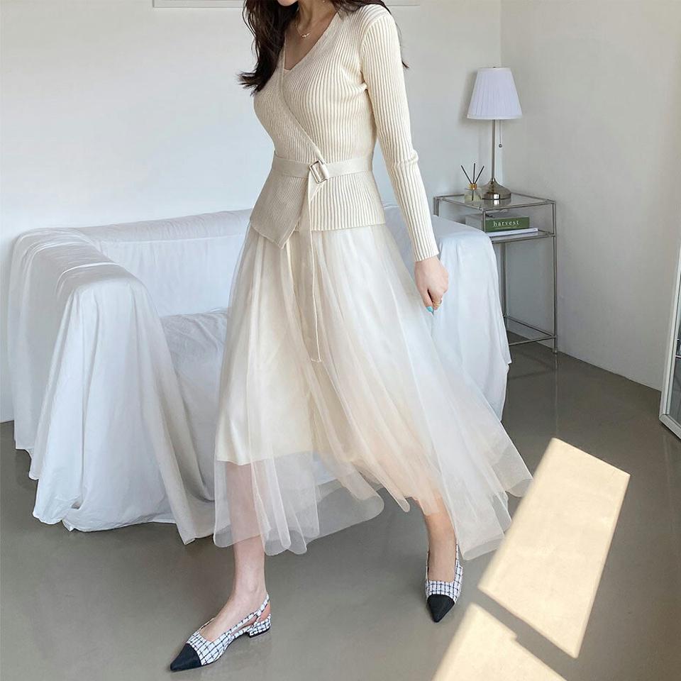 ベルトリブニット&チュールワンピースSET・全2色・t67655 レディース 【ops】【ワンピース ロング ロングワンピース チュール リブニット ニットトップス 長袖 フェミニン 可愛い かわいい セット 春 秋 韓国 ファッション】【ハイホリHIHOLLI】