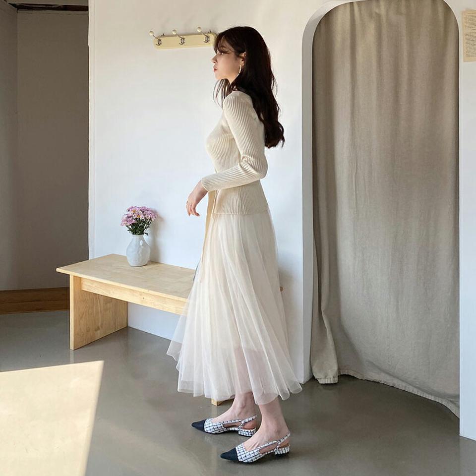 ベルトリブニット&チュールワンピースSET・全2色・t67655 レディース 【ops】【ワンピース ロング ロングワンピース チュール リブニット ニットトップス 長袖 フェミニン 可愛い かわいい セット 春 秋 韓国 ファッション】【ハイホリHIHOLLI】