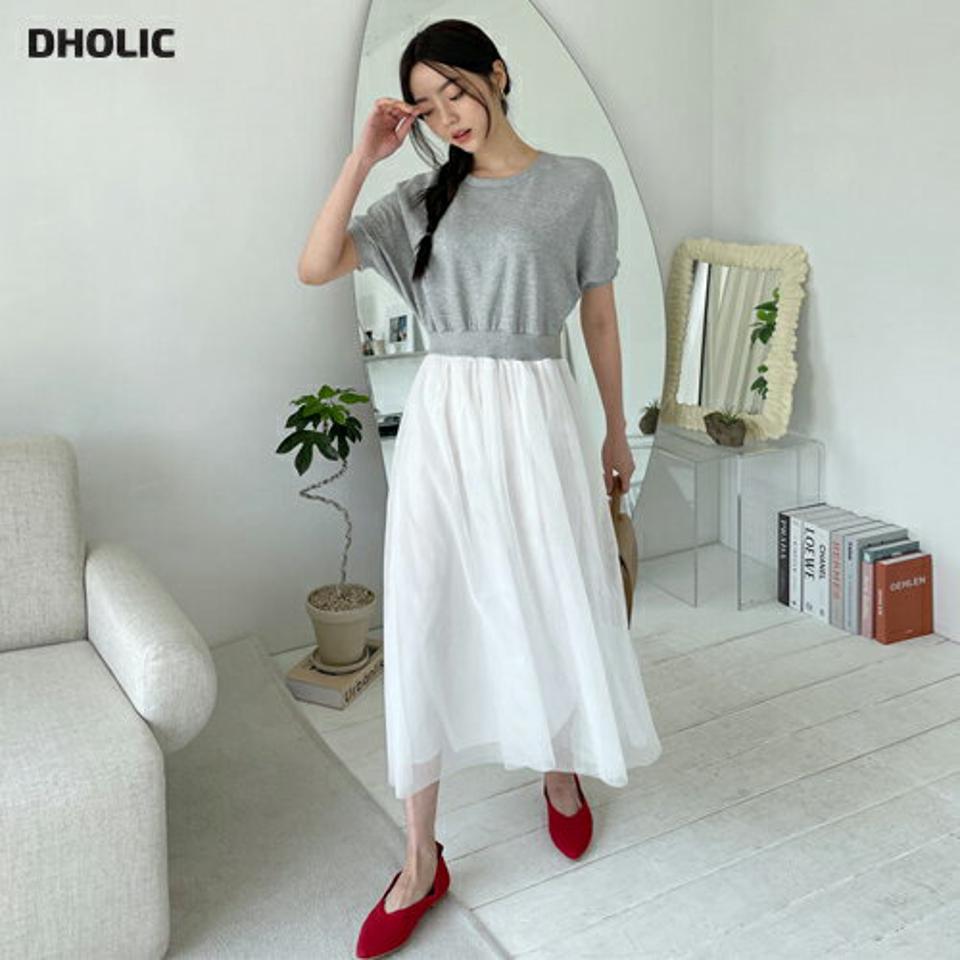 シフォンコントラストワンピース・全3色・b64998 レディース 【ops】【韓国 ファッション ワンピース ロング ロングワンピース 半袖 シフォン 異素材 ラウンドネック ゴム ハーフスリーブ Aライン カジュアル フェミニン 体型カバー 春 夏】