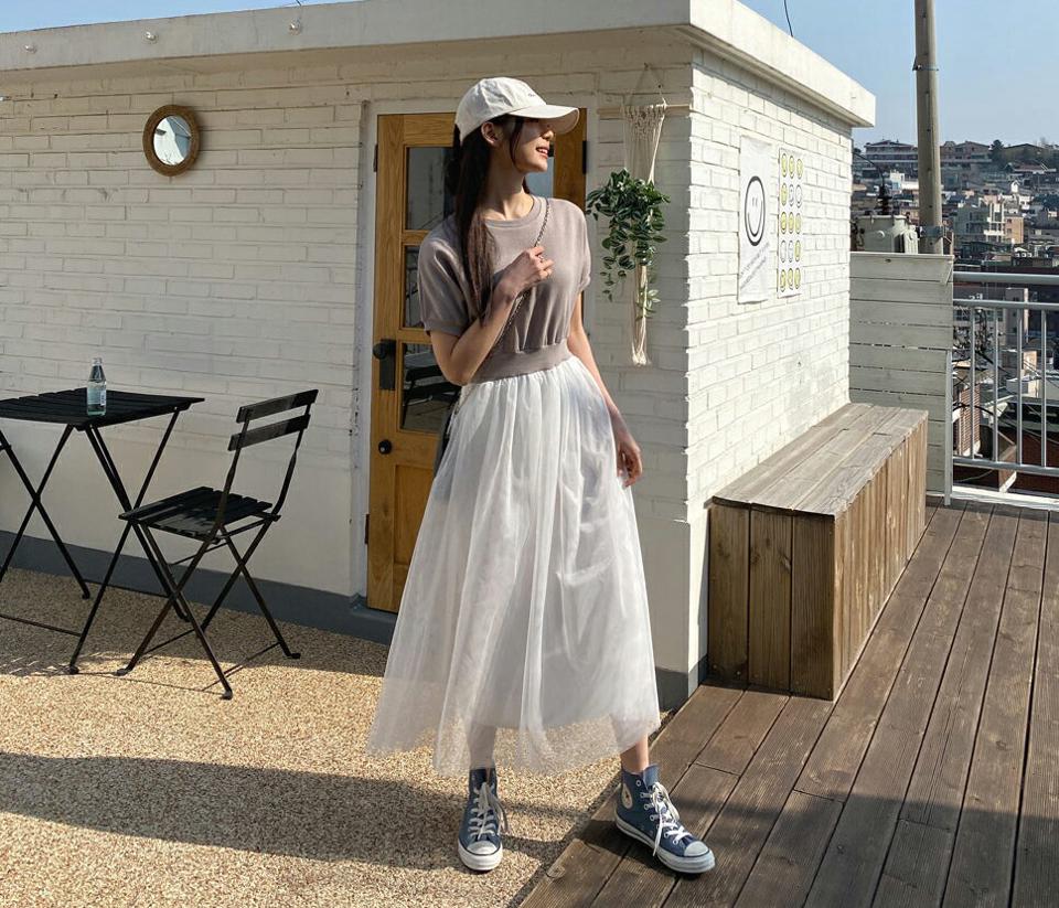 シフォンコントラストワンピース・全3色・b64998 レディース 【ops】【韓国 ファッション ワンピース ロング ロングワンピース 半袖 シフォン 異素材 ラウンドネック ゴム ハーフスリーブ Aライン カジュアル フェミニン 体型カバー 春 夏】