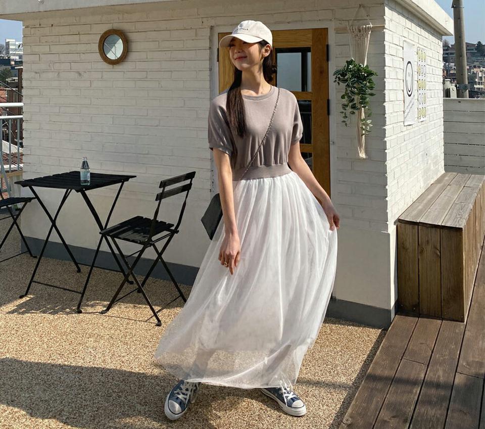 シフォンコントラストワンピース・全3色・b64998 レディース 【ops】【韓国 ファッション ワンピース ロング ロングワンピース 半袖 シフォン 異素材 ラウンドネック ゴム ハーフスリーブ Aライン カジュアル フェミニン 体型カバー 春 夏】