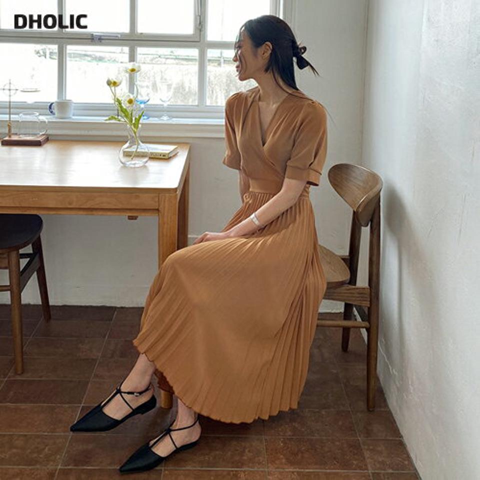 プリーツリボンワンピース・全3色・b64978 レディース 【ops】【韓国 ファッション ワンピース ロング ロングワンピース 半袖 プリーツ リボン ボリューム Aライン カジュアル フェミニン 体型カバー 春 夏】