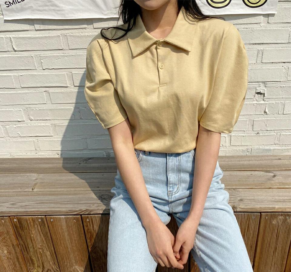 パフポロカラーTシャツ・全5色・t63718 レディース 【tops】【韓国 ファッション トップス Tシャツ 半袖 パフスリーブ 無地 ベーシック デイリー カジュアル 体型カーバー 春 夏】【NIJU】