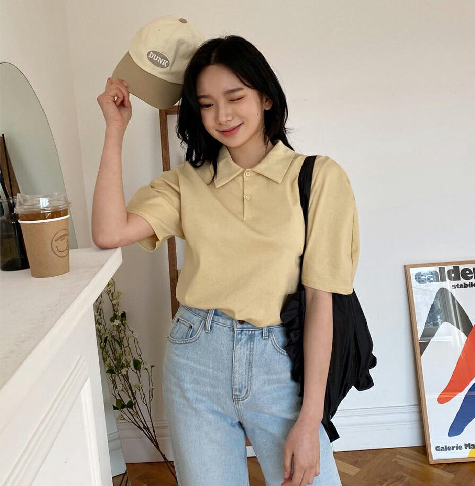 パフポロカラーTシャツ・全5色・t63718 レディース 【tops】【韓国 ファッション トップス Tシャツ 半袖 パフスリーブ 無地 ベーシック デイリー カジュアル 体型カーバー 春 夏】【NIJU】