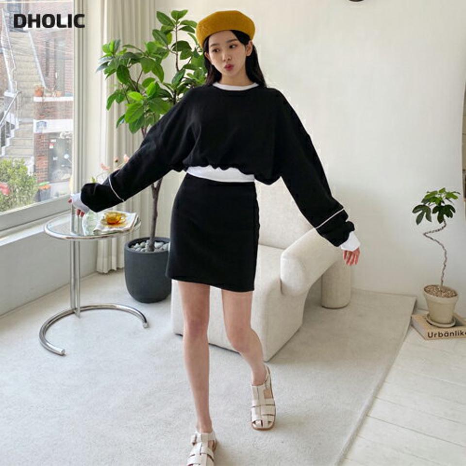 配色スウェットミニワンピース・全2色・t63729 レディース 【ops】【韓国 ファッション ワンピース ミニ ミニワンピース スウェット カジュアル ラウンドネック スリム フィット ツーピース風 メリハリ 体型カバー 春 夏】【NIJU】