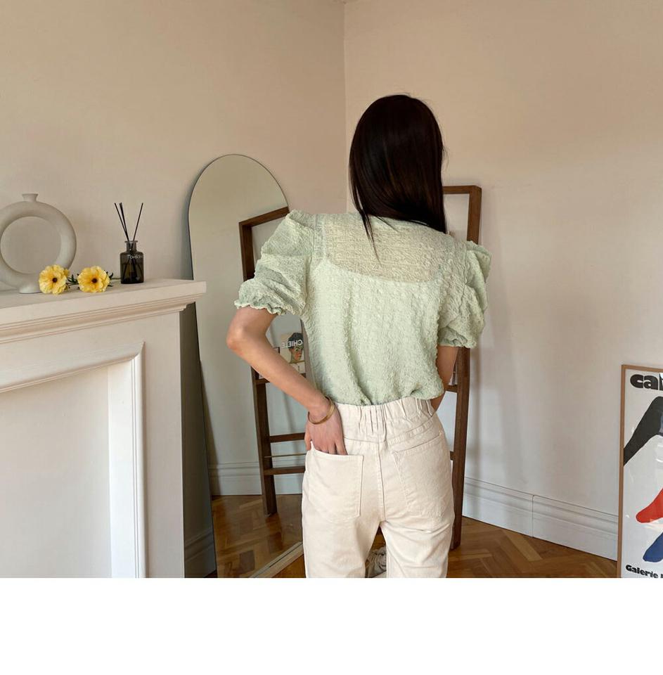 リンクルパフブラウス・全4色・t65001 レディース 【bl】【韓国 ファッション トップス ブラウス 半袖 上品 ラウンドネック 5分丈 パフスリーブ ガーリー かわいい 体型カバー フェミニン カジュアル 春 夏】