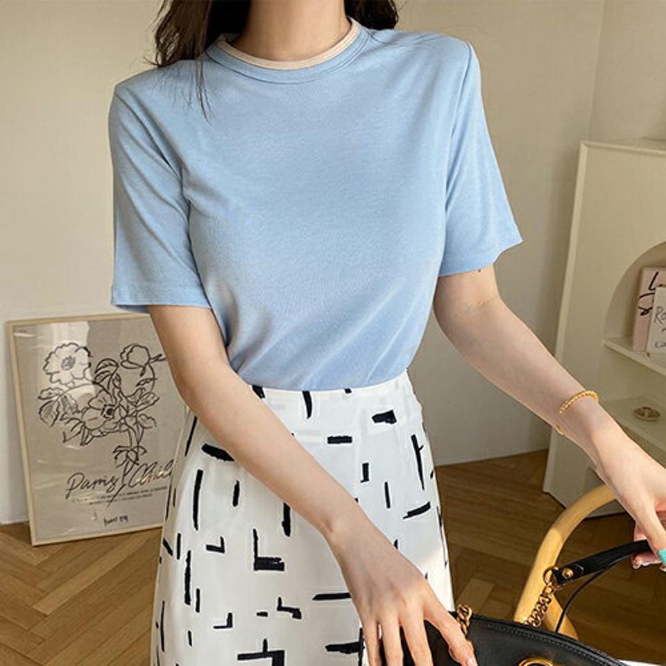 ネック配色半袖Tシャツ・全4色・b67658 レディース 【tops】【トップス Tシャツ 半袖 ハーフスリーブ 配色 シンプル カジュアル ラウンドネック 春 夏 韓国 ファッション】【ハイホリHIHOLLI】