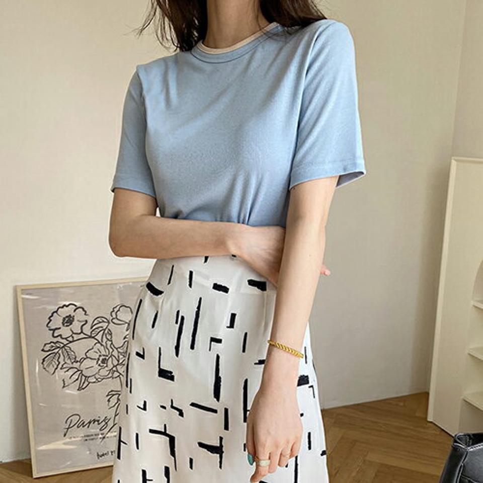 ネック配色半袖Tシャツ・全4色・b67658 レディース 【tops】【トップス Tシャツ 半袖 ハーフスリーブ 配色 シンプル カジュアル ラウンドネック 春 夏 韓国 ファッション】【ハイホリHIHOLLI】